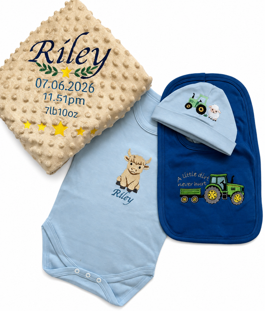 Custom Baby Bundle Set – Blanket, Bib, Hat & Vest
