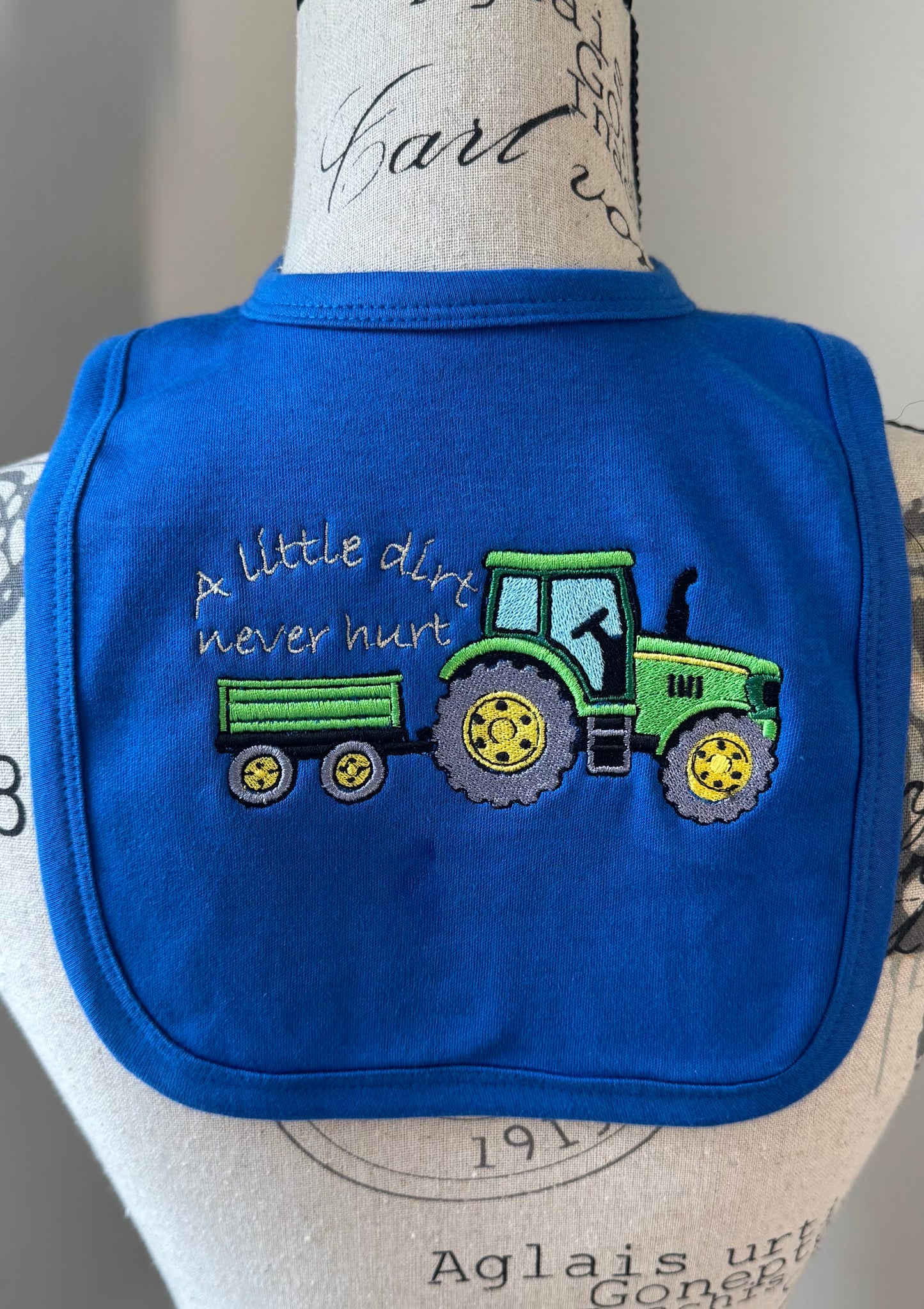 Tractor Embroidered Baby Bib | “A Little Dirt Never Hurt” Pull Over Bib | Farm Baby Gift