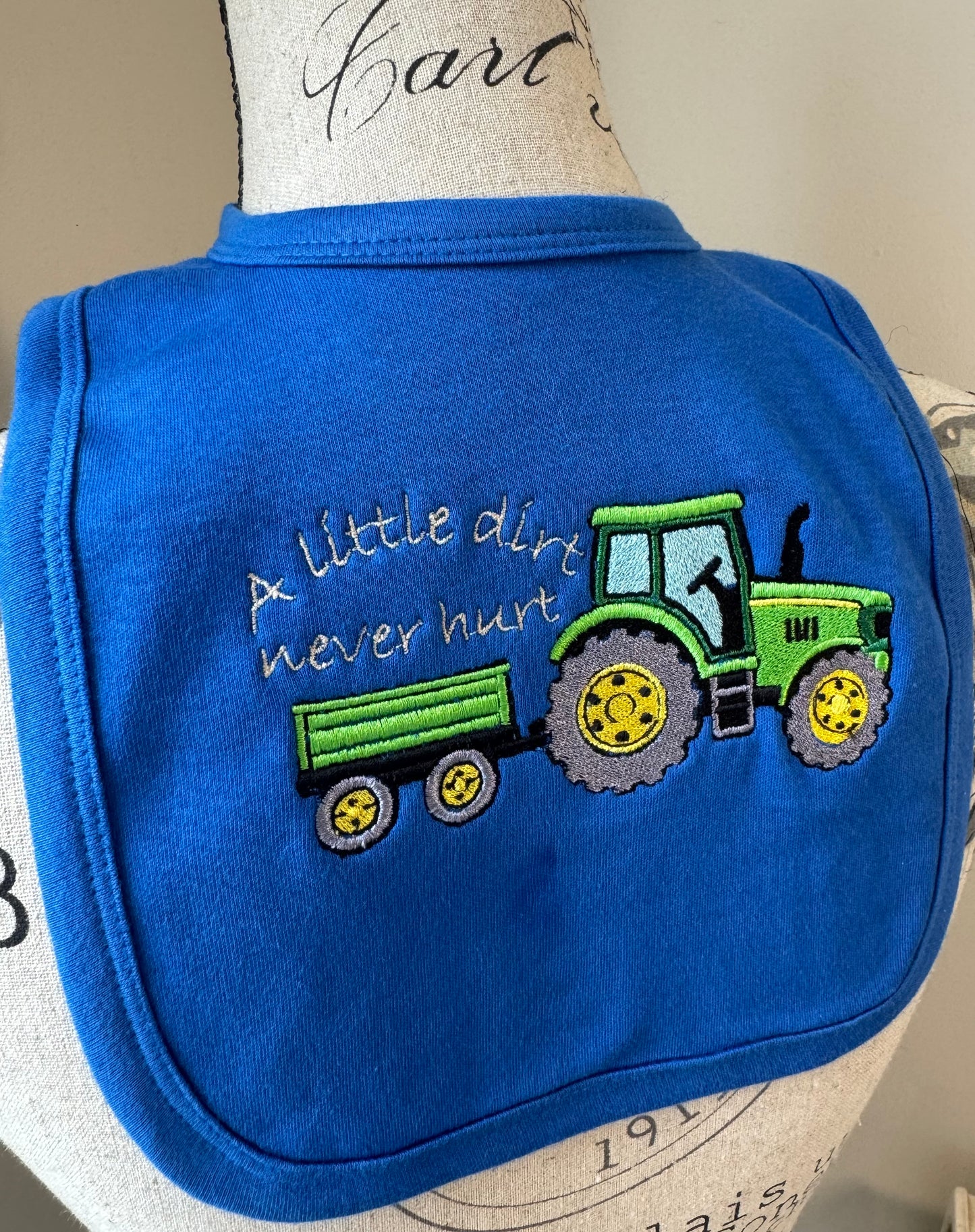 Tractor Embroidered Baby Bib | “A Little Dirt Never Hurt” Pull Over Bib | Farm Baby Gift
