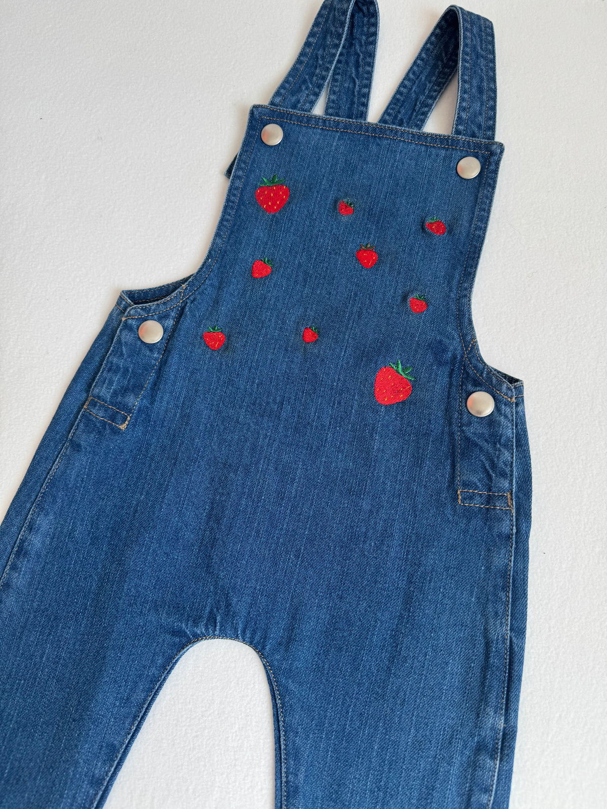 Embroidered Strawberry Baby Denim Dungarees