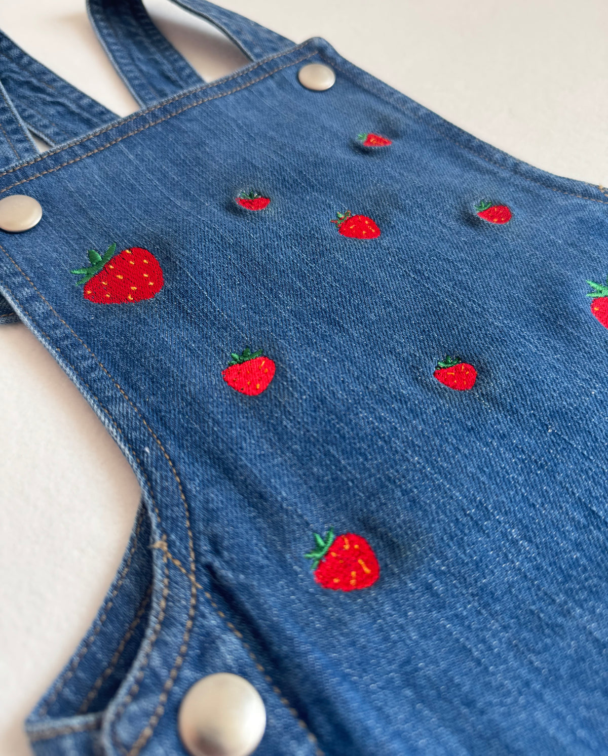 Embroidered Strawberry Baby Denim Dungarees