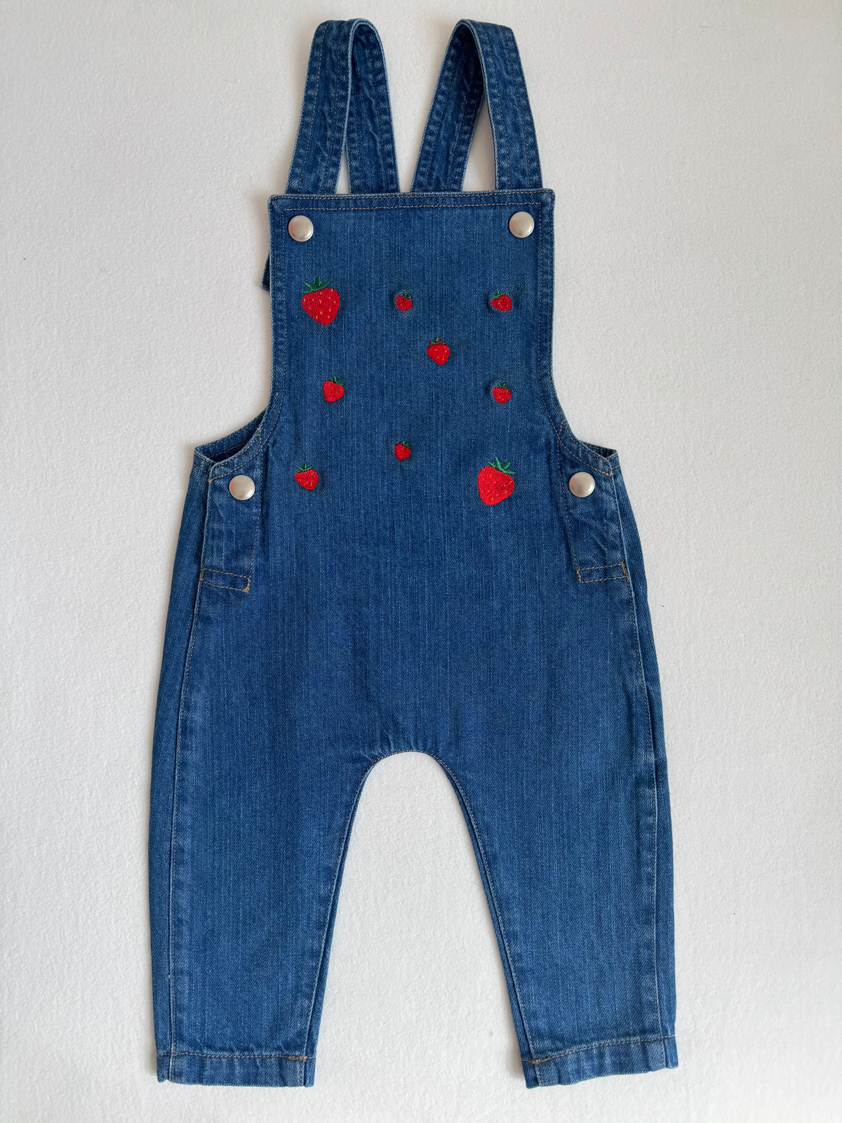 Embroidered Strawberry Baby Denim Dungarees