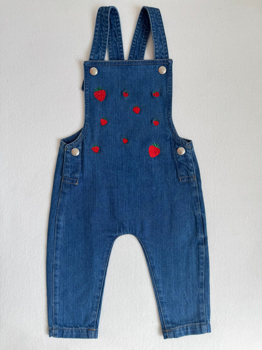 Embroidered Strawberry Baby Denim Dungarees